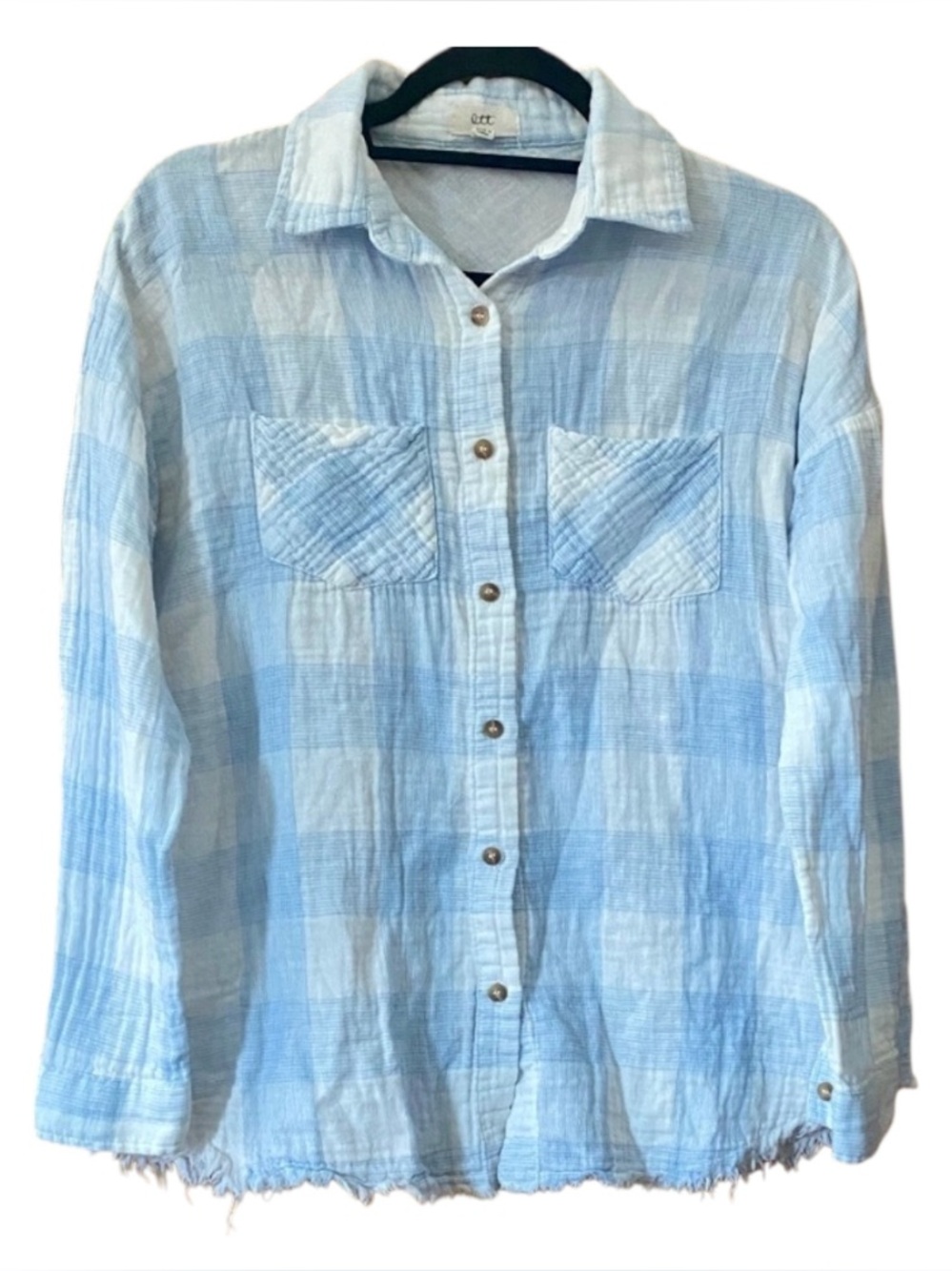Ott Blue White Plaid Cotton Gauze Button Down Shirt Frayed Hem Coastal M